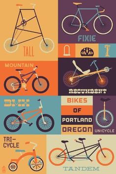 several different types of bicycles are shown in this graphic art printable poster for mountain biking enthusiasts