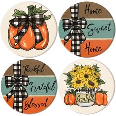 three coasters with pumpkins and sunflowers on them that say home, sweet home, grateful blood