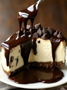 a piece of cheesecake with chocolate sauce on top