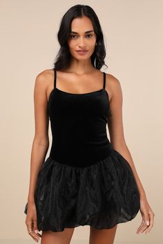 Get ready to charm your way through the event in the Lulus Coquette Energy Black Polka Dot Velvet Drop Waist Mini Dress! Stretchy, plush velvet shapes adjustable spaghetti straps and a figure-hugging bodice with a flattering scoop neckline. Drop-waist silhouette continues into a puffy skirt with velvet polka dots, hidden tulle for volume, and a darling bubble-style mini hem. Hidden zipper/clasp at back. Fit: This garment fits true to size. Length: Mid-thigh. Size medium measures 27.5" from adjus Coquette Energy, Mini Dress Velvet, Old Hollywood Dress, Anniversary Dress, Hollywood Dress, Puffy Skirt, Bubble Style, Casual Formal Dresses, Lulu Fashion