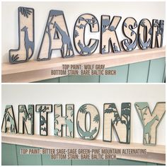 two wooden letters that spell out the name jackson and anteloy on top of a shelf