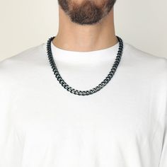 Express your stylish self with the bold dual-finish look of this curb chain necklace. solid stainless steel with black ion plating 11mm links 18 inches with fold-over clasp Black Metal Necklace With Cable Chain, Black Curb Chain Necklace For Everyday, Everyday Black Curb Chain Necklace, Everyday Black Necklace With Cable Chain, Modern Black Link Necklace, Modern Black Necklace With Curb Chain, Black Cuban Link Chain Necklace Gift, Black Curb Chain Link Necklace, Black Metal Curb Chain Necklace