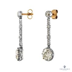 A sleek and sexy pair of ART DECO 6.53ctw Diamond Drop Earrings in Platinum and Gold, dating from CIRCA 1920s.Unique and Exquisite pair of these Authentic Art Deco Earrings will take your breath away! Platinum Dangles are encrusted with Old European and old swiss cut diamonds every step of the way!.The old cut larger diamonds drops are set into prongs weighing 2.62ct S-T VS2 and 2.68ct: in O-P color, VS1 clarity overall, GIA certified; Diamonds are an eye clean and extremely bright and sparkly (