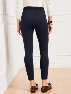 Talbots Soho Leggings. The modern, go-everywhere legging. Sculpting ponte knit fabric shapes and smooths. Features Legging Skinny leg Hits Mid Rise Ankle length Pull on closure Imported Fit: Misses: 28"; Petite: 25 1/2"; Plus: 28"; Plus Petite: 25 1/2" Material: 67% Rayon, 29% Nylon, 4% Spandex Care: Machine wash cold; only non-chlorine bleach when needed; reshape, lay flat to dry; warm iron with steam if needed | Talbots Soho Leggings - Solid Chic Elastane Jeggings For Fall, Fitted Elastane Tights For Workwear, Office High Waist Stretch Leggings, Elastane Jeggings For Work, Versatile Comfort Stretch Elastane Tights, High-waist High-stretch Leggings For Work, High Waist Fitted Leggings For Business Casual, Fitted High Waist Jeggings For Work, High Waist Business Casual Fitted Leggings