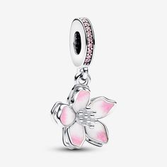 Celebrate the first signs of spring with our sterling silver Cherry Blossom Dangle Charm. Featuring hand-applied pink and white enamel and accented by sparkling pink cubic zirconia, the petals on our cherry blossom rotate slightly, as if they were being blown in the breeze. A pavé-covered bail is the finishing touch on this must-have floral charm. Style it with other cool-toned jewellery for a warm spring look. - Pandora Cherry Blossom Dangle Charm - Enamel / Sterling silver / Cubic Zirconia / P French Biab, Coconut Perfume, Pandora Bracelet Charms Ideas, Pandora Jewelry Rings, Rose Gold Flower, Xmas Wishlist, Charms Pandora, Thoughtful Gifts For Her, Bracelet Pandora