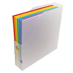 a white folder with rainbow colored papers on it's front and side flaps open