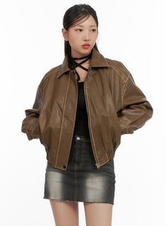 zip-up-faux-leather-crop-jacket-cs405 / Brown Brown Casual Leather Jacket With Padded Collar, Casual Brown Leather Jacket With Padded Collar, Spring Retro Leather Jacket With Zipper Closure, Spring Retro Leather Jacket With Zipper, Casual Brown Biker Jacket With Padded Collar, Casual Faux Leather Jacket For Streetwear, Casual Faux Leather Outerwear For Streetwear, Brown Faux Leather Outerwear For Streetwear, Trendy Outerwear With Contrast Stitching