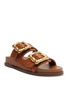 Schutz Women's Enola Slip On Buckled Slide Sandals Luxury Leather Sandals With Gold Buckle, Designer Leather Sandals With Gold Buckle, Designer Open Toe Sandals With Gold Buckle, Luxury Flat Sandals With Tang Buckle, Summer Leather Sandals With Gold-tone Hardware, Leather Sandals With Gold-tone Hardware For Summer, Leather Sandals With Gold-tone Hardware, Luxury Sandals With Buckle Closure For Vacation, Designer Brown Sandals With Tang Buckle