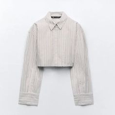 Nwt Zara Striped Crop Shirt Brown / White White Cotton Cropped Long Sleeve Shirt, Classic White Cotton Cropped Shirt, White Long Sleeve Cropped Cotton Shirt, White Cotton Long Sleeve Cropped Shirt, White Long Sleeve Cropped Shirt For Fall, Elegant White Button-up Cropped Shirt, White Button-up Tops For Fall, White Cropped Shirt For Fall, White Fitted Cropped Shirt For Fall