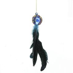 an ornament hanging from a string with feathers on it's side and a blue stone in the center