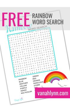 a rainbow word search is shown with the words free to use in this printable activity