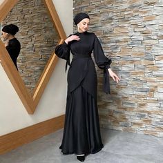 This beautiful skirt top set is made to perfection on premium UAE satin nida fabric with beautiful bow tie sleeves! Elegant Black Floor-length Dress Set, Elegant Black Floor-length Set, Formal Satin Floor-length Sets, Formal Floor-length Satin Sets, Elegant Floor-length Satin Set, Eid Satin Party Set, Eid Party Satin Set, Satin Party Sets For Eid, Elegant Banquet Dress With Satin Bow