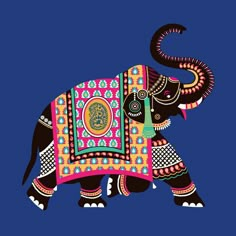 an elephant decorated with colorful designs on it's body and tusks is standing in front of a blue background