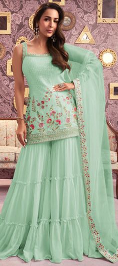 Green color Salwar Kameez in Georgette fabric with Embroidered, Sequence, Thread work Sarara Dress Indian Weddings, Sarara Dress, Designer Sharara Suits, Sharara Dress, Indian Fits, Gharara Suits, Diwali Dresses, Lehenga Suit, Western Wedding Dresses