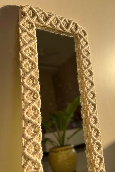 a mirror that is hanging on the wall next to a potted plant in a vase