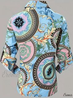 Eromis - Baroque Floral Print Blouse - Sophisticated Button Front Long Sleeve Collar Top for Womens Fashion Elegant Multicolor Blouse With Buttons, Elegant Multicolor Buttoned Tops, Baroque Floral, Elegant Fabric, Floral Print Blouses, Collar Top, Clean Style, Print Blouse, Sleeve Detail