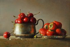 a painting of cherries and strawberries in a silver bowl on a table top