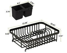 a black basket with two plastic bins on it and measurements for the bottom section