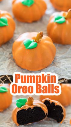 Orange pumpkin shaped oreo ball truffles with a pretzel stem and green leaf icing decoration. Halloween Dessert Table, Thanksgiving Desserts Table, Thanksgiving Snacks, Oreo Balls, Fun Halloween Food, Easy Halloween Food, Halloween Food Treats, Halloween Treats Easy