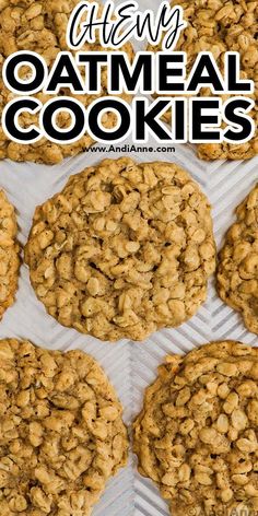 oatmeal cookies on a baking sheet with text overlay