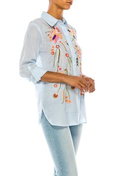 This taupe striped button-down shirt is made from 100% natural cotton, and features an exquisite floral embroidery on the yoke and shoulders.Model is 5’8” - wearing size small. Model Bust: 34” Hand-wash cold, lay flat to dry.Made in India. Collared Tops With Floral Embroidery For Vacation, Embroidered Cotton Shirt For Vacation, Beach Embroidered Collared Shirt, Embroidered Button-up Blouse For Summer, Casual Button-up Blouse With Floral Embroidery, Embroidered Relaxed Fit Collared Blouse, Embroidered Collared Blouse Relaxed Fit, Floral Embroidered Collared Shirt For Vacation, Embroidered Collared Blouse With Relaxed Fit