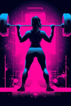 a woman lifting a barbell in front of a pink and blue background with an abstract design