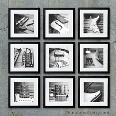 six black and white photographs hanging on a wall with guitars in the middle one has an electric guitar