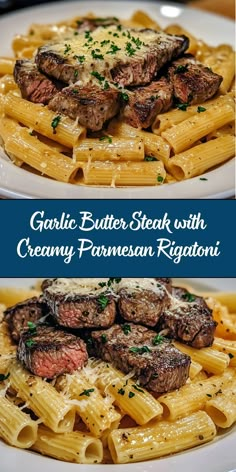 two plates with steak and creamy parmesan rigani