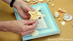 a person is holding a starfish in front of a frame with seashells on it