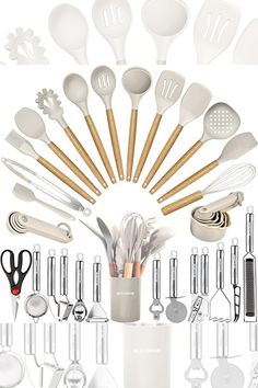 an assortment of kitchen utensils arranged in a circle