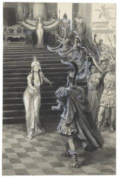 an old drawing of some people in costume standing on stairs and talking to each other