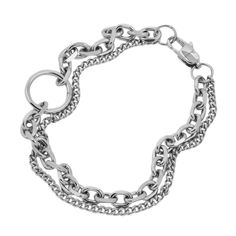 This Strain Bracelet is expertly crafted with two interwoven chains that meet at an oversized jump ring in the center. The unique design creates a bold and modern look for any occasion. Made from high-quality materials, this bracelet is sturdy and stylish, making it the perfect addition to any jewelry collection. Trendy Metal Chain Link Ring, Edgy Metal Jewelry With Chain Strap, Metal Link Bracelet With Chain Strap, Silver Double Chain Bracelet, Modern Metal Chain Link Ring, Metal Bracelet With Chunky Chain For Fashion, Adjustable Silver Bracelets With Chain Strap, Double Chain Metal Bracelet, Edgy Metal Chain Bracelets