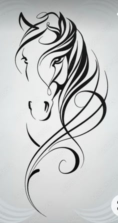 a black and white drawing of a horse's head with swirls on it