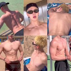 multiple pictures of a shirtless man in swim trunks