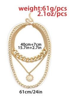 Metal Color: GoldMaterial: Metal plated, coin medallion styleType: Clasp closure, 3-layer, 13 necklace Style: FashionShips: 2-3 days Trendy Alloy Jewelry With Gold Chain, Trendy Alloy Gold Chain Jewelry, Trendy Alloy Necklace With Gold Chain, Alloy Gold Chain Choker Necklace, Gold Chain Alloy Choker Necklace, Gold Layered Necklace With Adjustable Chain, Trendy Gold-tone Chain Choker Necklace, Trendy Gold Alloy Choker, Trendy Gold-tone Choker Chain Necklace