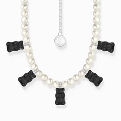 THOMAS SABO x HARIBO: Necklace With Pearls and 5 Black Goldbears Classic Pearl Necklace, Beautiful Pearl Necklace, Black Pearl Necklace, Buy Pearls, Silver Pearl Necklace, Sterling Silver Anklet, Rose Gold Watches, Engraved Bracelet, Black Pendant