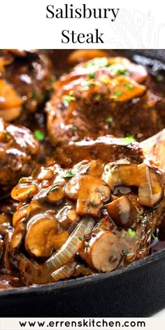 a skillet with meat and mushrooms in sauce on the side, text overlay says how to make steak salisbury steak