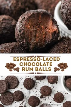 an image of chocolate rum balls with the title text overlaying it in spanish