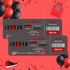 two air jordan basketball tickets with red and black balloons