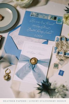 Light blue vintage-inspired wedding invitation suite with a gold wax seal and dusty blue bow Mansion Wedding Decor, Vintage Wedding Aesthetic, Vintage Mansion, Bristol Rhode Island, Vintage Wedding Inspiration, Unique Wedding Invitation