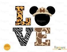 the word love is made up of letters with mickey mouse's head and leopard print