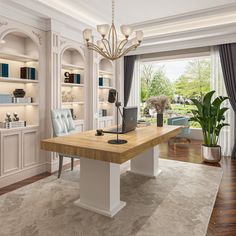 a large wooden table sitting in the middle of a living room next to a window