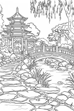 an ink drawing of a bridge over a pond in a park with trees and water lilies