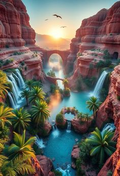 the sun is setting over a waterfall and palm trees