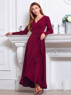 Burgundy Long Wrap Dress Bridesmaid Dress Cocktail Dress | Etsy Elegant Flowy V-neck Dress, Chic V-neck Evening Maxi Dress, Chic V-neck Bridesmaid Evening Dress, Chiffon V-neck Wrap Dress For Party, Dressy V-neck Dresses For Prom Season, Elegant V-neck Prom Dress, Elegant V-neck Midi Dress For Prom, Elegant Flowy V-neck Gown, Chiffon V-neck Maxi Dress For Prom