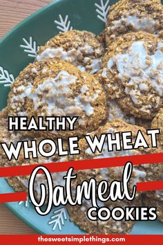 healthy whole wheat oatmeal cookies on a green plate with white icing