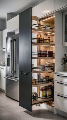 Maximize storage with a pull-out kitchen pantry next to the fridge. This smart design makes use of the narrow space beside your fridge, enhancing organization and accessibility.   Ideal for a kitchen remodel, pull-out shelves keep pantry items neatly arranged and within easy reach. This setup is perfect for small kitchens, providing a practical and stylish solution.   Transform your kitchen with this innovative storage idea. #PullOutPantry #KitchenRemodel #StorageSolution House Pantry Design, Pantry Design For Small Kitchen, Freezer Drawers In Kitchen, Kitchen Small Storage Ideas, Pull Out Storage Kitchen, Rev A Shelf Pantry, Inside Storage Ideas, Efficient Kitchen Storage, Innovative Kitchen Storage