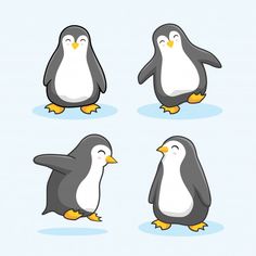 four penguins are standing in different positions on the ice, one is looking at the camera