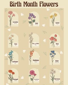 the different types of flowers are shown in this poster, which is also labeled as birth month