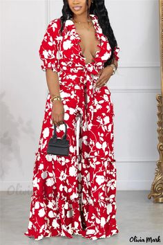 Olivia Mark - Floral Patchwork Print Smocking Two-Piece Set with V-Neck and Half Sleeves V-neck Jumpsuits And Rompers With Smocked Back For Vacation, Red Printed V-neck Jumpsuits And Rompers, Red Printed V-neck Jumpsuit, Red Printed V-neck Jumpsuit Or Romper, Red Floral Print Short Sleeve Jumpsuits And Rompers, Red Floral Print Jumpsuit With V-neck, Red V-neck Jumpsuits And Rompers, Red V-neck Jumpsuit For Spring, Red V-neck Jumpsuits And Rompers For Spring